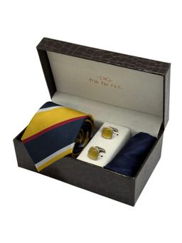 The Tie Hub - Men Yellow Microfibre Stripes Necktie & Pocket Square with Pair Of Cufflink Gift Set