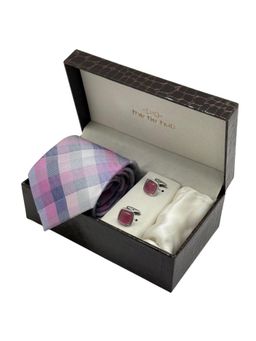 The Tie Hub - Men Pink Microfibre Checks Necktie & Pocket Square with Pair Of Cufflink Gift Set