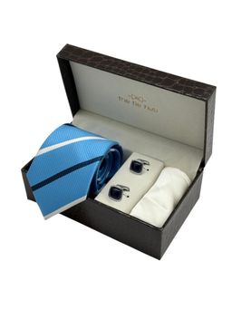 The Tie Hub - Men Blue Microfibre Stripes Necktie & Pocket Square with Pair Of Cufflink Gift Set