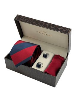 The Tie Hub - Men Maroon Microfibre Stripes Necktie & Pocket Square with Pair Of Cufflink Gift Set