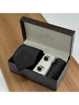 The Tie Hub - Men Black Microfibre Polka Dots Necktie & Pocket Square with Pair Of Cufflink Gift Set
