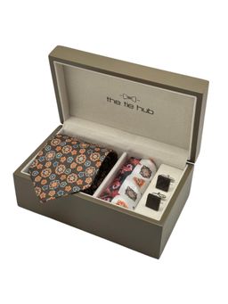 The Tie Hub - Men Brown Silk Floral Necktie & Pocket Square with Pair Of Cufflink Gift Set