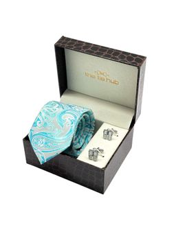 The Tie Hub - Men Green Microfibre Paisley Necktie & Pair Of Cufflink Gift Set