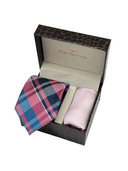 The Tie Hub - Men Pink Microfibre Checks Necktie & Pocket Square Gift Set