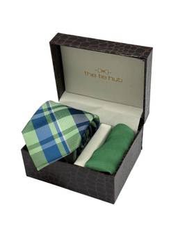 The Tie Hub - Men Green Microfibre Checks Necktie & Pocket Square Gift Set