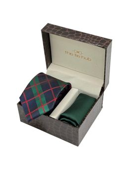 The Tie Hub - Men Green Microfibre Checks Necktie & Pocket Square Gift Set