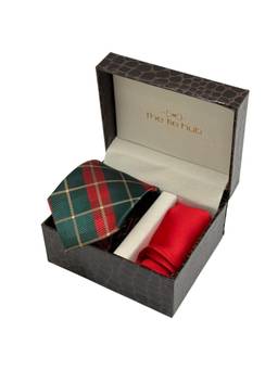 The Tie Hub - Men Red Microfibre Checks Necktie & Pocket Square Gift Set