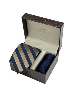 The Tie Hub - Men Blue Silk Stripes Necktie & Pocket Square Gift Set