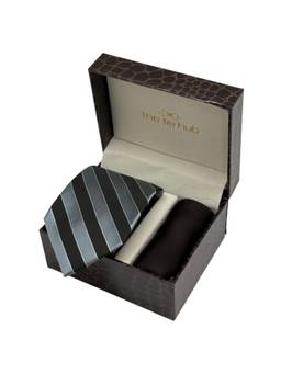 The Tie Hub - Men Black Silk Stripes Necktie & Pocket Square Gift Set