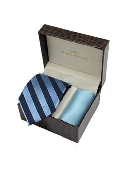The Tie Hub - Men Blue Silk Stripes Necktie & Pocket Square Gift Set
