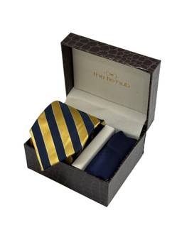 The Tie Hub - Men Blue Silk Stripes Necktie & Pocket Square Gift Set