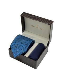 The Tie Hub - Men Blue Silk Paisley Necktie & Pocket Square Gift Set
