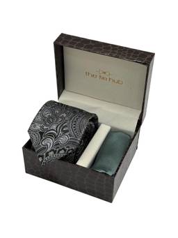 The Tie Hub - Men Grey Silk Paisley Necktie & Pocket Square Gift Set