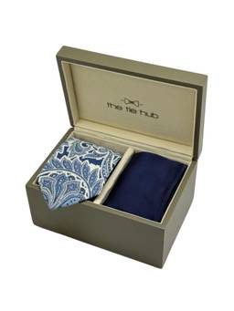 The Tie Hub - Men Blue Silk Paisley Necktie & Pocket Square Gift Set