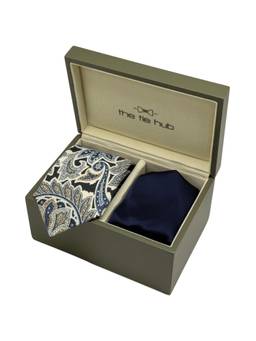 The Tie Hub - Men Blue Silk Paisley Necktie & Pocket Square Gift Set