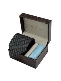 The Tie Hub - Men Black Microfibre Geometric Necktie & Pocket Square Gift Set