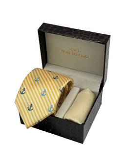 The Tie Hub - Men Yellow Microfibre Stripes Necktie & Pocket Square Gift Set