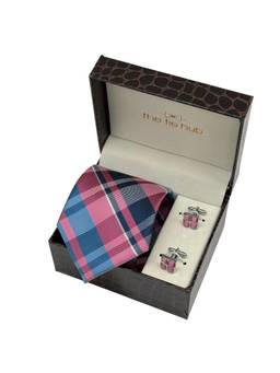 The Tie Hub - Men Pink Microfibre Checks Necktie & Pair Of Cufflink Gift Set