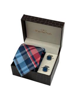 The Tie Hub - Men Red Microfibre Checks Necktie & Pair Of Cufflink Gift Set