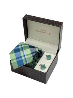 The Tie Hub - Men Green Microfibre Checks Necktie & Pair Of Cufflink Gift Set