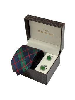 The Tie Hub - Men Green Microfibre Checks Necktie & Pair Of Cufflink Gift Set