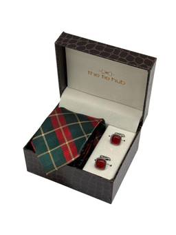 The Tie Hub - Men Red Microfibre Checks Necktie & Pair Of Cufflink Gift Set