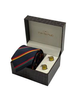 The Tie Hub - Men Blue Microfibre Stripes Necktie & Pair Of Cufflink Gift Set