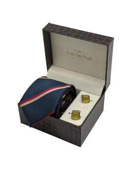 The Tie Hub - Men Red Microfibre Stripes Necktie & Pair Of Cufflink Gift Set