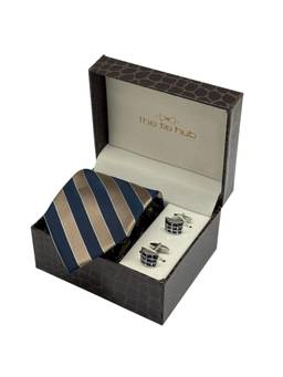 The Tie Hub - Men Blue Silk Stripes Necktie & Pair Of Cufflink Gift Set