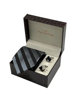 The Tie Hub - Men Black Silk Stripes Necktie & Pair Of Cufflink Gift Set