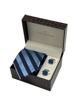 The Tie Hub - Men Blue Silk Stripes Necktie & Pair Of Cufflink Gift Set