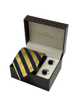 The Tie Hub - Men Blue Silk Stripes Necktie & Pair Of Cufflink Gift Set
