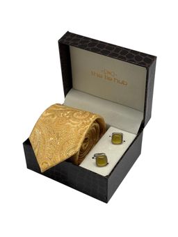 The Tie Hub - Men Yellow Silk Paisley Necktie & Pair Of Cufflink Gift Set