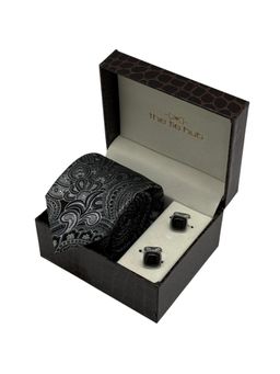 The Tie Hub - Men Grey Silk Paisley Necktie & Pair Of Cufflink Gift Set