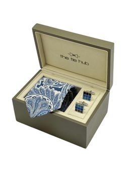 The Tie Hub - Men Blue Silk Paisley Necktie & Pair Of Cufflink Gift Set