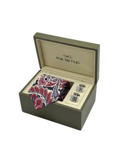 The Tie Hub - Men Red Silk Paisley Necktie & Pair Of Cufflink Gift Set