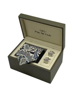 The Tie Hub - Men Blue Silk Paisley Necktie & Pair Of Cufflink Gift Set
