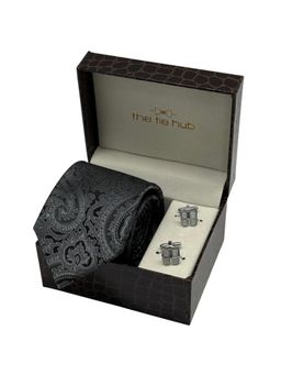 The Tie Hub - Men Black Silk Paisley Necktie & Pair Of Cufflink Gift Set