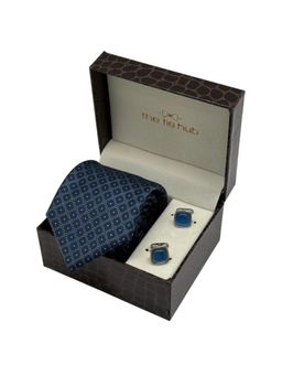 The Tie Hub - Men Blue Microfibre Geometric Necktie & Pair Of Cufflink Gift Set