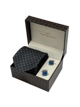The Tie Hub - Men Black Microfibre Geometric Necktie & Pair Of Cufflink Gift Set