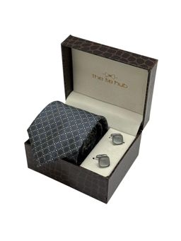 The Tie Hub - Men Grey Microfibre Geometric Necktie & Pair Of Cufflink Gift Set