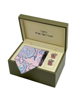 The Tie Hub - Men Blue Silk Paisley Necktie & Pair Of Cufflink Gift Set