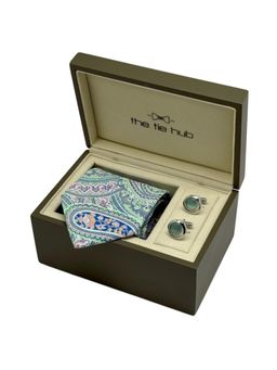The Tie Hub - Men Green Silk Paisley Necktie & Pair Of Cufflink Gift Set