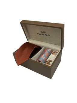 The Tie Hub - Men Rust Silk Paisley Necktie & Pocket Square with Pair Of Cufflink Gift Set