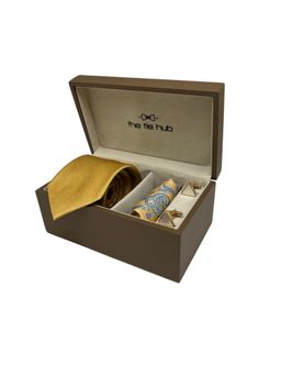 The Tie Hub - Men Gold Silk Paisley Necktie & Pocket Square with Pair Of Cufflink Gift Set