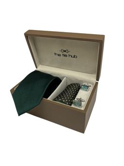 The Tie Hub - Men Green Silk Polka Dots Necktie & Pocket Square with Pair Of Cufflink Gift Set