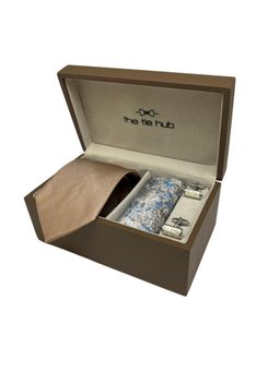 The Tie Hub - Men Beige Silk Floral Necktie & Pocket Square with Pair Of Cufflink Gift Set