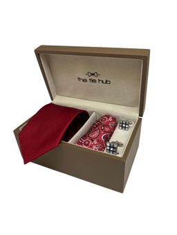 The Tie Hub - Men Red Silk Paisley Necktie & Pocket Square with Pair Of Cufflink Gift Set