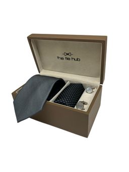 The Tie Hub - Men Grey Silk Polka Dots Necktie & Pocket Square with Pair Of Cufflink Gift Set