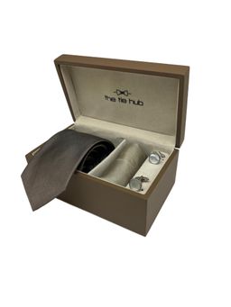 The Tie Hub - Men Brown Silk Solid/Plain Necktie & Pocket Square with Pair Of Cufflink Gift Set